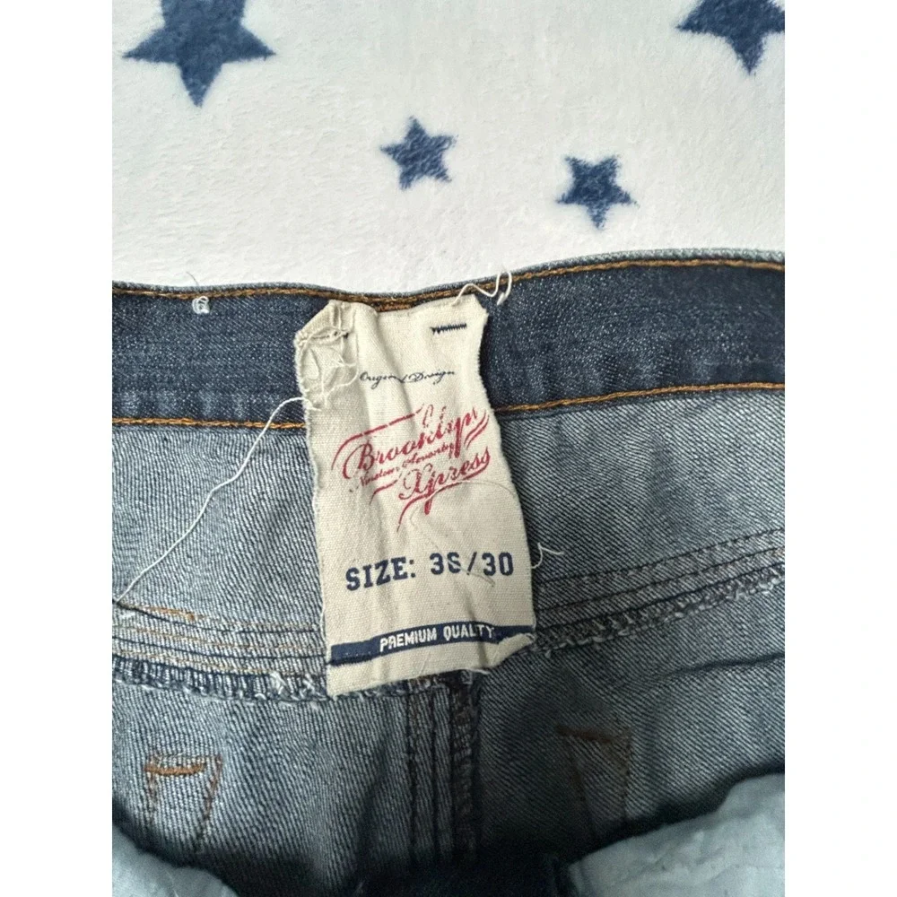 Brooklyn Xpress Mens 36x30 Blue Distressed Straight Leg Denim Jeans Dark Wash